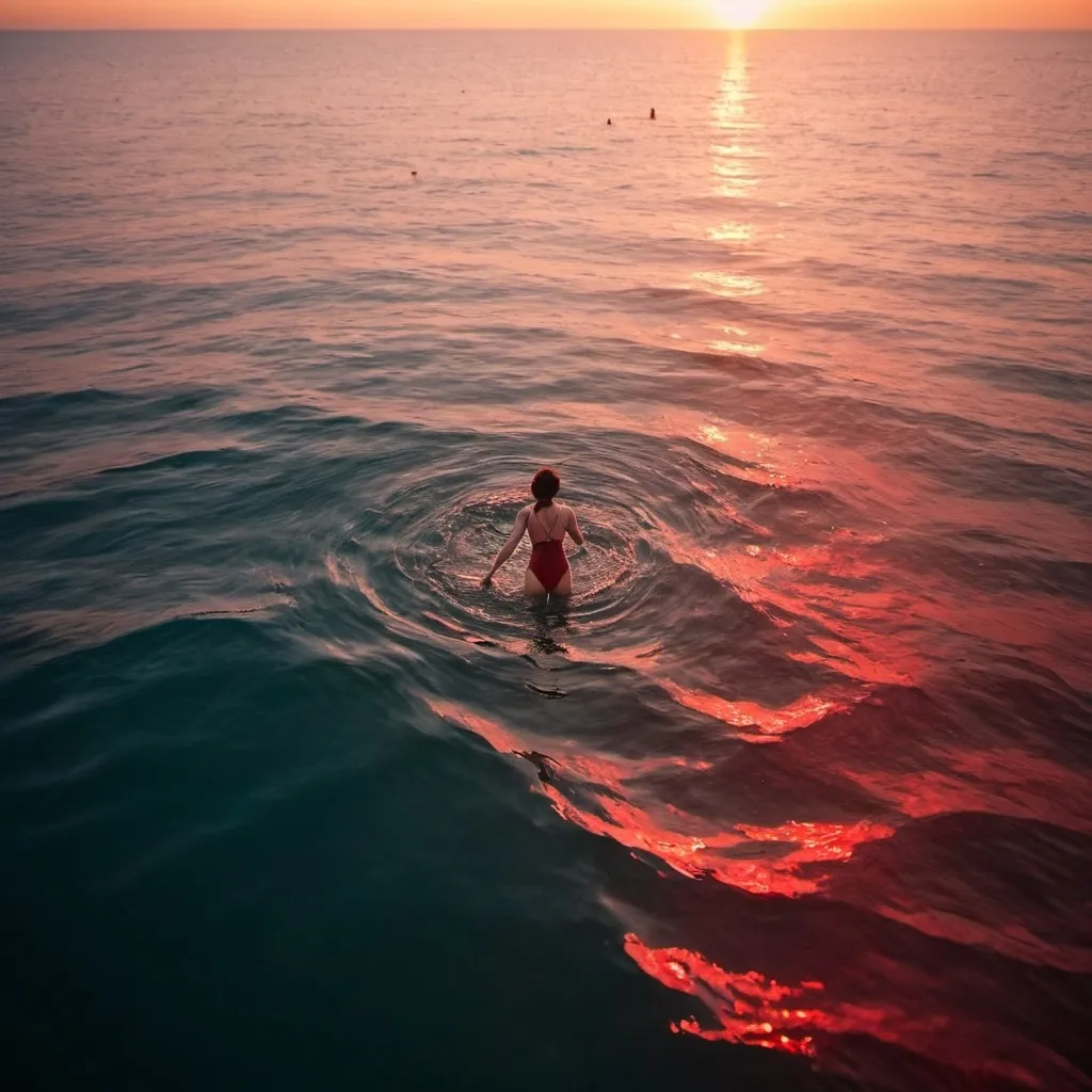 Prompt: A woman swimming across a vast ocean, viewed from above. Sunset colors the ocean red.