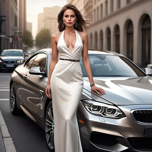 Prompt: High-resolution digital painting of a sophisticated woman standing next to a luxurious BMW, sleek and modern design, elegant outfit, detailed facial features, realistic car details, high quality, luxury style, glamorous, modern fashion, professional rendering, elegant lighting, realistic reflections, classy, luxury lifestyle, urban setting, fashionable, confident pose