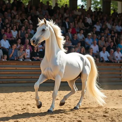 Prompt: The Horse: A majestic white stallion, its coat gleaming like fresh snow, moves with regal precision. Its neck arches proudly, mane rippling with each spirited trot. The muscles in its legs flex powerfully, hooves lifting elegantly in a high-stepping gait.

The Arena: A vast, sand-covered ring, raked smooth, reflects the golden light of late afternoon. Flags or banners flutter at the edges, and the wooden fences gleam with polish.

The Spectators: The stands are packed—nobles in finery, children perched on parents' shoulders, trainers leaning intently over the rails. Some clutch programs, others point in admiration. A murmur of awe ripples through the crowd as the stallion passes.