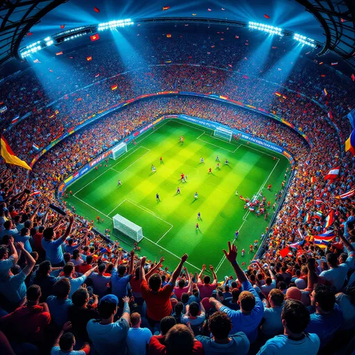 Prompt: 
Perspective: A dynamic top-down view showing a roaring crowd in the stands, their faces painted in national colors, waving flags, and holding scarves. The focus should convey energy and passion.

Center Stage: Below the crowd, a miniaturized soccer field where players are in action—perhaps a striker about to shoot or a goalkeeper diving for a save.

Vibrant Colors: Use bold, high-contrast colors—greens (pitch), blues (sky), and a mix of national team colors in the crowd.

Lighting: Stadium floodlights casting dramatic shadows, with a spotlight effect on key players.