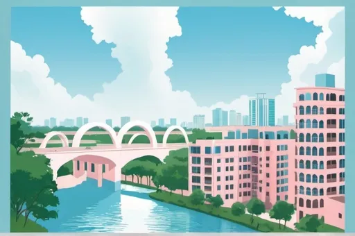 Prompt: a simple 2d illustration in pastel colors of Dhaka Bangladesh in the day time, blue sky, blue lake, a bridge with 3 whte arches, view is from the fron tand slightly above, tall apartment buildings beside the lake