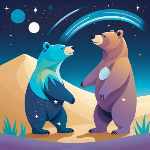 Prompt: 2 bears standing on a sand dune looking up at the milky way, the style is illustration with flat colors, outlines, gradients, 