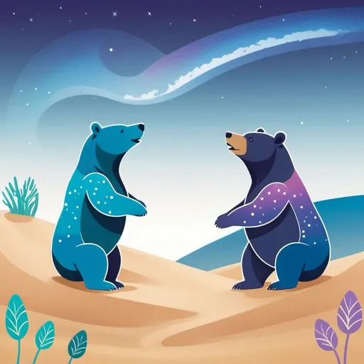 Prompt: 2 bears standing on a sand dune looking up at the milky way, the style is illustration with flat colors, outlines, gradients, 
