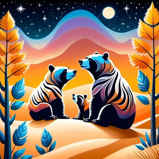 Prompt: Illustration of two bears on a sand dune, gazing up at the Milky Way, flat colors, gradients, detailed white fur with colorful stripes, zebra-like colorful stripes around the bears bodies, large colorful leaves, night sky, stars, serene atmosphere, best quality, illustration, flat colors, outlined, gradients, colorful, detailed, night sky, stars, serene atmosphere, vibrant foliage, the bears take up half of the image or more