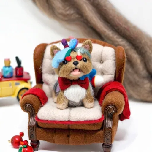 Prompt: Cute wool felt Yorkshire terrier on a large brown recliner chair, red blanket underneath, high quality, light brown fur only, detailed fur, cozy, warm lighting, cute dog, felt material, realistic, vibrant colors, detailed eye, comfortable, indoor setting, adorable, warm tones, detailed fabric texture, professional, background is just white