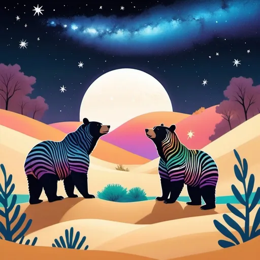 Prompt: Illustration of two bears on a sand dune, gazing up at the Milky Way, flat colors, outlined, gradient, zebra-like colorful stripes, large colorful leaves, night sky, stars, detailed fur with colorful stripes, serene atmosphere, best quality, illustration, flat colors, outlined, gradients, colorful, detailed, night sky, stars, serene atmosphere, vibrant foliage