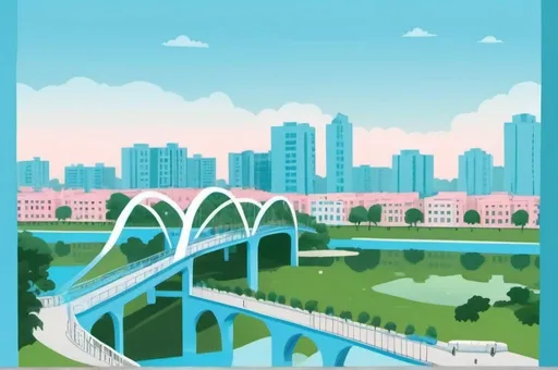 Prompt: a simple 2d illustration in pastel colors of Dhaka Bangladesh in the day time, blue sky, blue lake, a bridge with 3 whte arches, view is from the fron tand slightly above, tall apartment buildings beside the lake