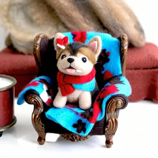 Prompt: Cute wool felt Yorkshire terrier on a large brown recliner chair, red blanket underneath, high quality, detailed fur, cozy, warm lighting, cute dog, felt material, realistic, vibrant colors, detailed eye, comfortable, indoor setting, adorable, warm tones, detailed fabric texture, professional