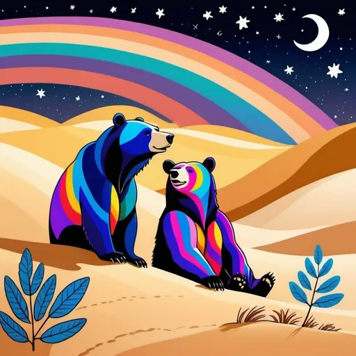 Prompt: Illustration of two bears on a sand dune, gazing up at the Milky Way, flat colors, outlined, gradient, zebra-like colorful stripes, large colorful leaves, night sky, stars, detailed whte fur with colorful stripes, serene atmosphere, best quality, illustration, flat colors, outlined, gradients, colorful, detailed, night sky, stars, serene atmosphere, vibrant foliage, the bears take up half of the image or more