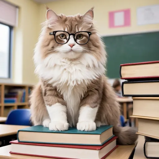 Prompt: A fluffy cat sitting on top of five stacked books wearing glasses, in a classroom.
