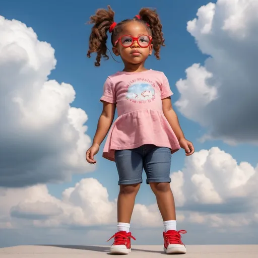 Prompt: A little african american girl with pony tails, cute red glasses, standing with the sky beneath her feet. Head lifted, standing firm, strong and confident.  