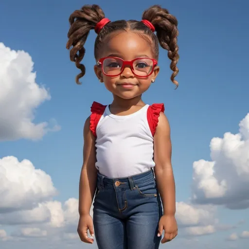 Prompt: A little african american girl with pony tails, cute red glasses, standing with the sky beneath her feet. Head lifted, standing firm, strong and confident.  