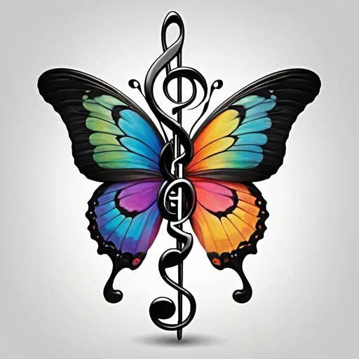 Prompt: a colorful butterfly, with big beautiful wings and a black treble clef music note as the body of the butterfly. 