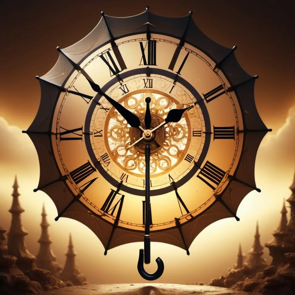 Prompt: (Concept of Time with umbrella), surrealism, intricate clock gears, warm golden tones, dreamy background, glowing light, ethereal atmosphere, futuristic elements, floating timepieces, umbrella with magical aura, high contrast, ultra-detailed textures, mystical feeling, celestial elements, fantasy world, abstract and imaginative, 4K resolution, artistic masterpiece, smooth gradients, otherworldly landscape, meticulous details, breath-taking visual depth