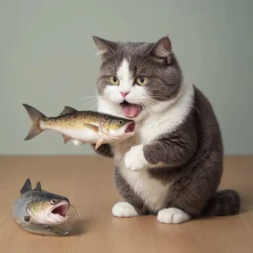 Prompt: cartoon cat eating an oversized fish