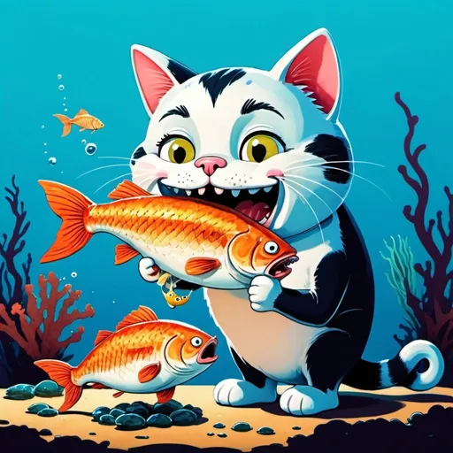 Prompt: cartoon cat eating an oversized fish