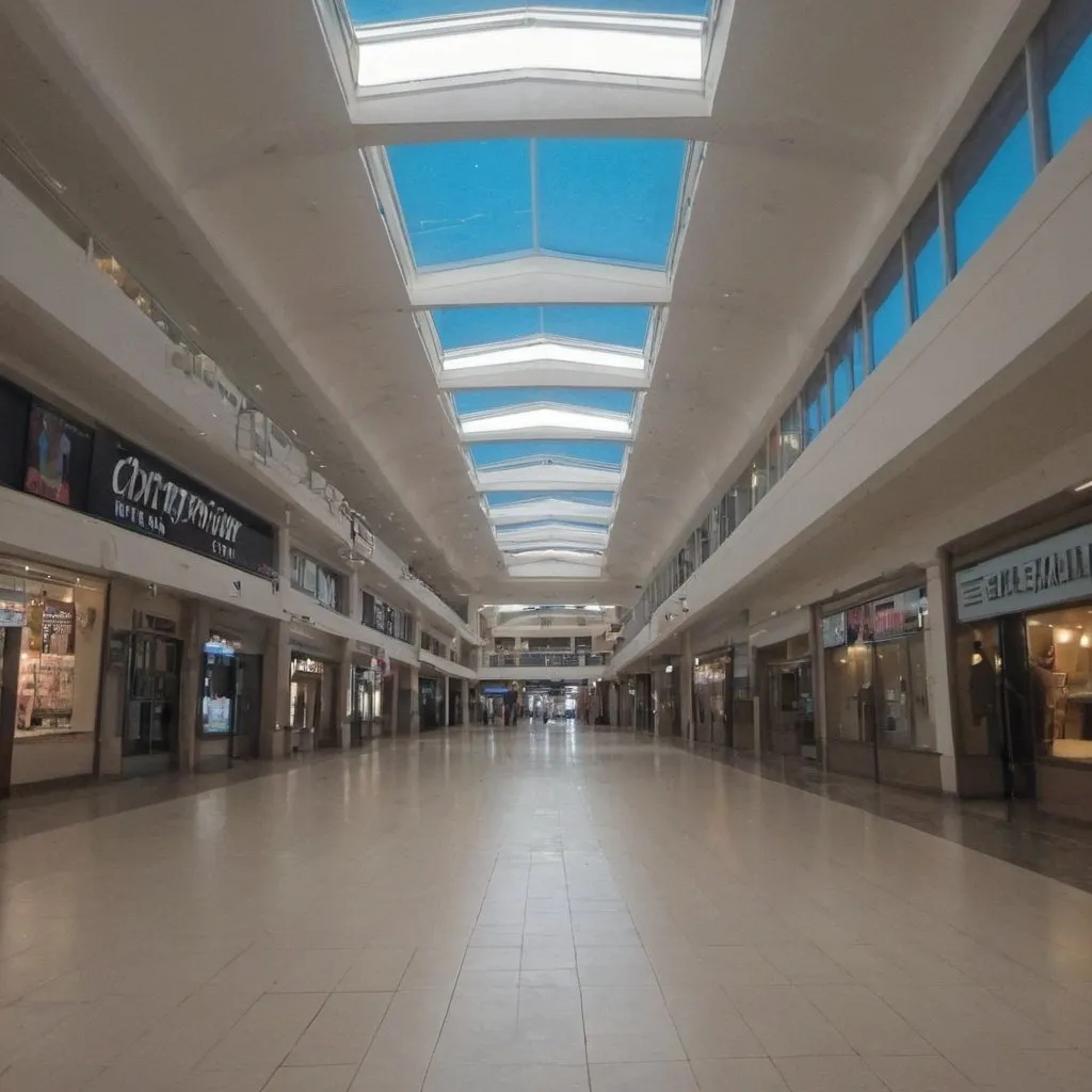 Prompt: Liminal mall with bright blue empty sky. no people dim lighting, erie vibe