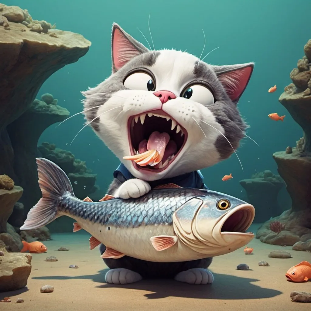 Prompt: cartoon cat eating an oversized fish