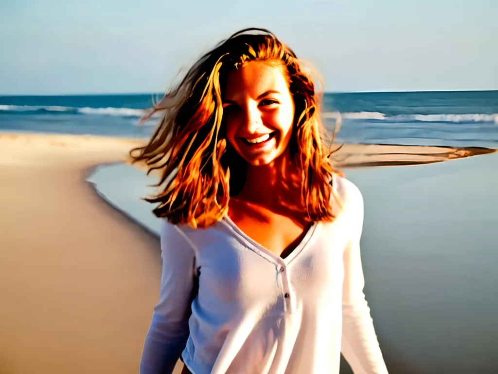 Prompt: A 23 girl walking along the beach