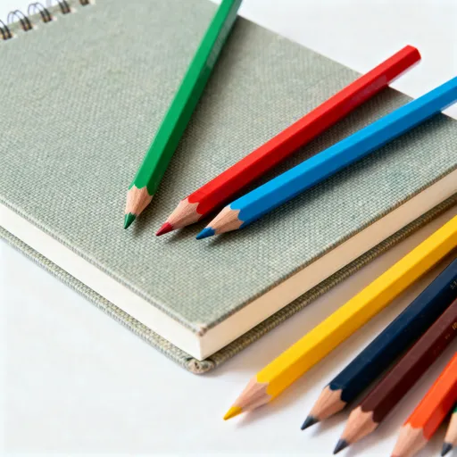Prompt: یک تصویر برام درست کن که صفحش سفید باشه و در وسط آن یک دفتر نقاشی باشد و کنار آن مداد رنگی های سبز ، قرمز ، آبی و زرد و چند رنگ دیگر باشد