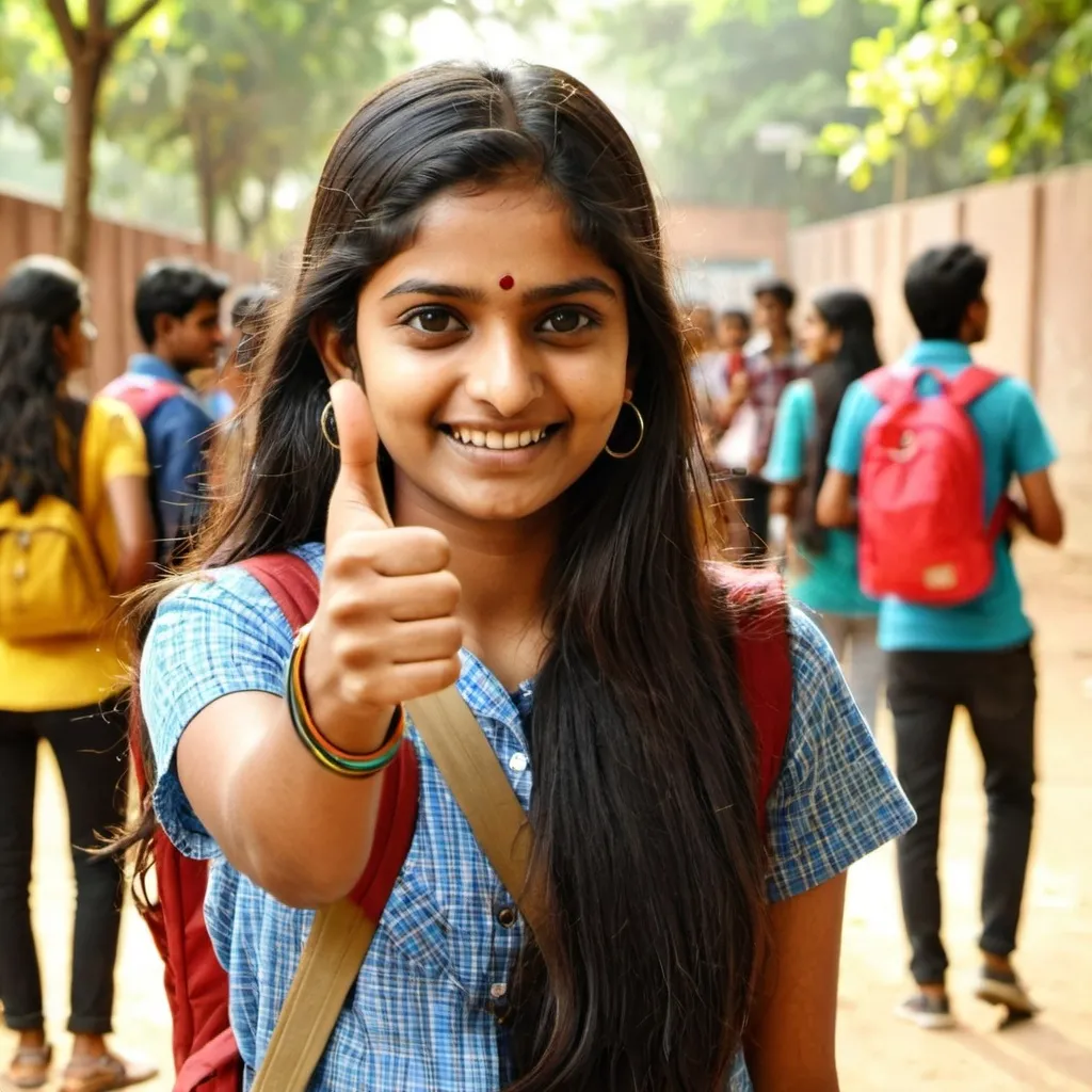 Prompt: An Indian girl student showing thumps up, standing at a college