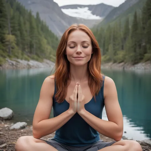 Prompt: An upper body photo of a copper-auburn woman with blue eyes sitting meditating with eyes closed in a mountain forest, near a glacial lake with a soft, peaceful closed-mouth smile. One hand is on her chest over her heart. Closed smile - no teeth.
