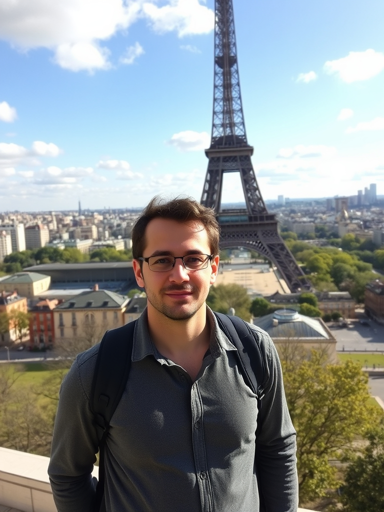 Prompt: a man standing in front of the eiffel tower in paris, france, on a sunny day, Cedric Seaut (Keos Masons), paris school, city background, a photo