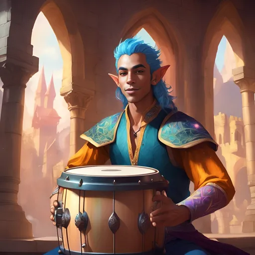 Prompt: A handsome mixed skinned male Astral Elf, with colorful and unique hair, happily playing an ornate drum, in a fantasy castle