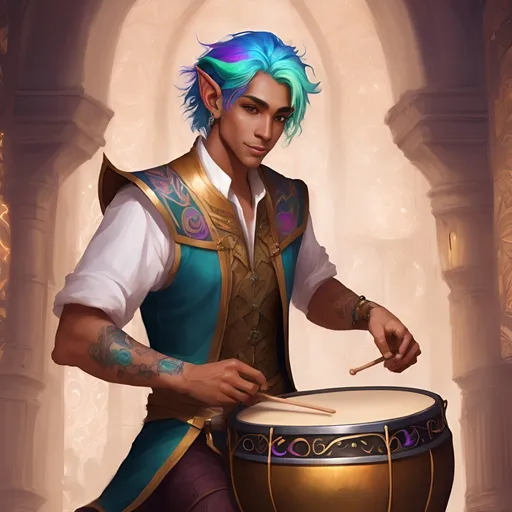 Prompt: A handsome mixed skinned male Astral Elf, with colorful and unique hair, with ornate tattoos, happily playing an ornate drum, in a fantasy castle