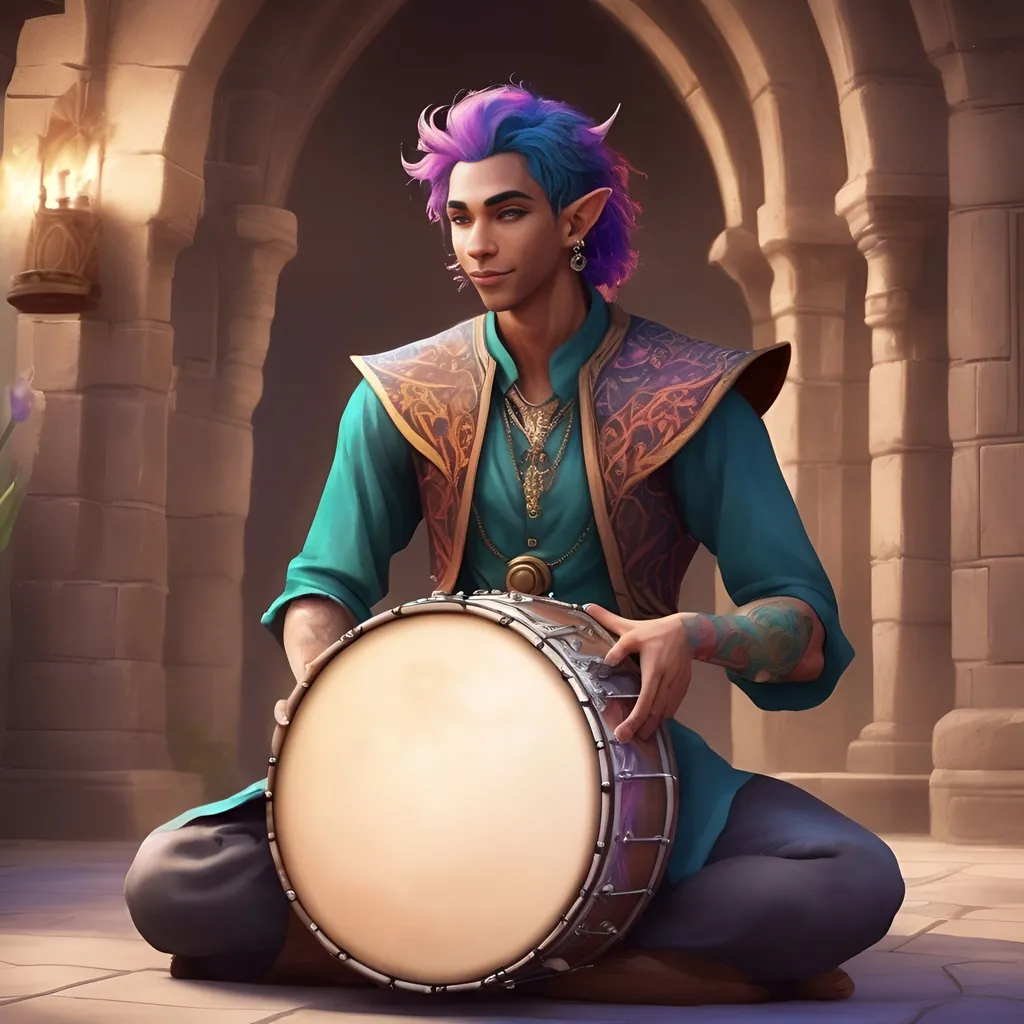 Prompt: A handsome mixed skinned male Astral Elf, with ornate tattoos, with colorful and unique hair, happily playing an ornate drum, in a fantasy castle