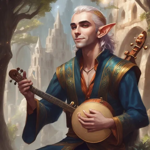 Prompt: A handsome male Astral Elf, joyfully playing an instrument, in a fantasy setting, with a band