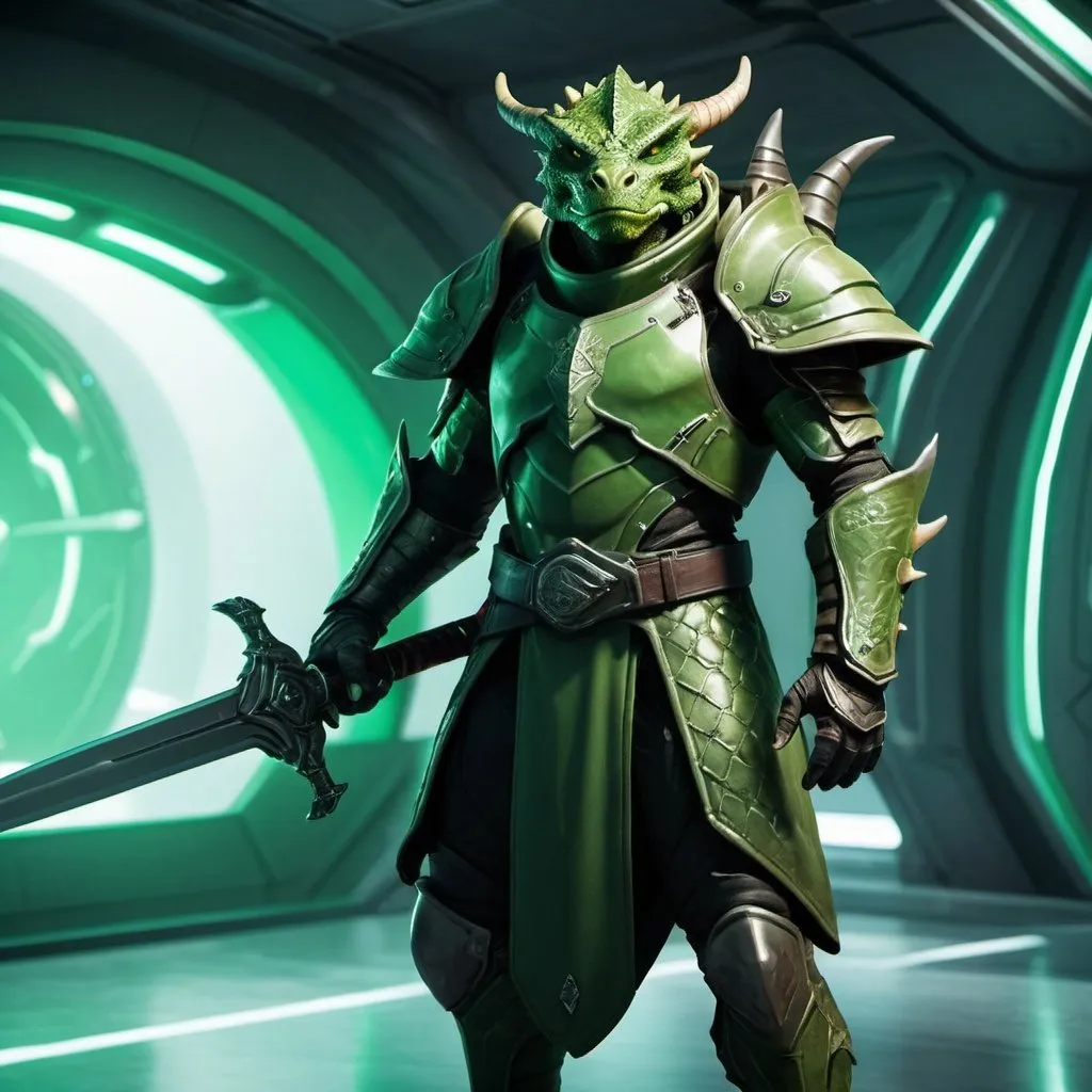 Prompt: futuristic spaceship with a green male dragonborn posing nearby with a sword in his hand