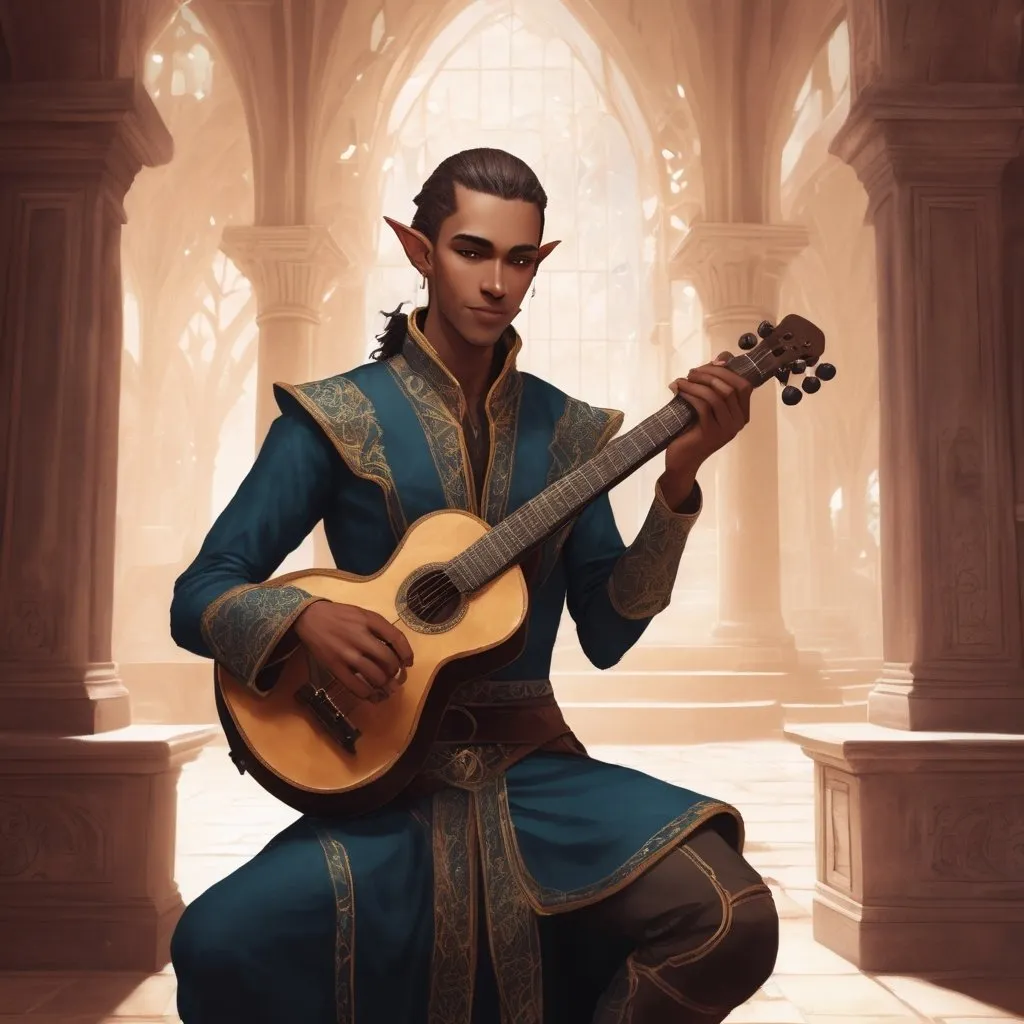 Prompt: A handsome male Astral Elf, jovially playing an instrument, in a fantasy castle