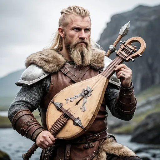 Prompt: high fantasy dungeons and dragons a male blonde 45 years old viking with first wrinkles and beard, wearing nordic armor and playing the instrument nordic lyre