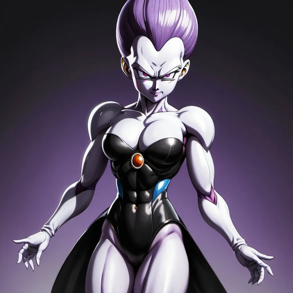 Prompt: a female Frieza, beauty, long black coat, visible legs, intricate, epic, detailed, sharp focus, realistic, professional, full body