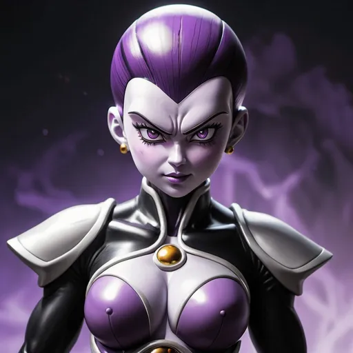 Prompt: Frieza woman, black long coat, intricate, detailed, epic, realistic, beauty, sharp focus, professional, high quality, detailed, realistic, epic, elegant, dramatic, intense lighting