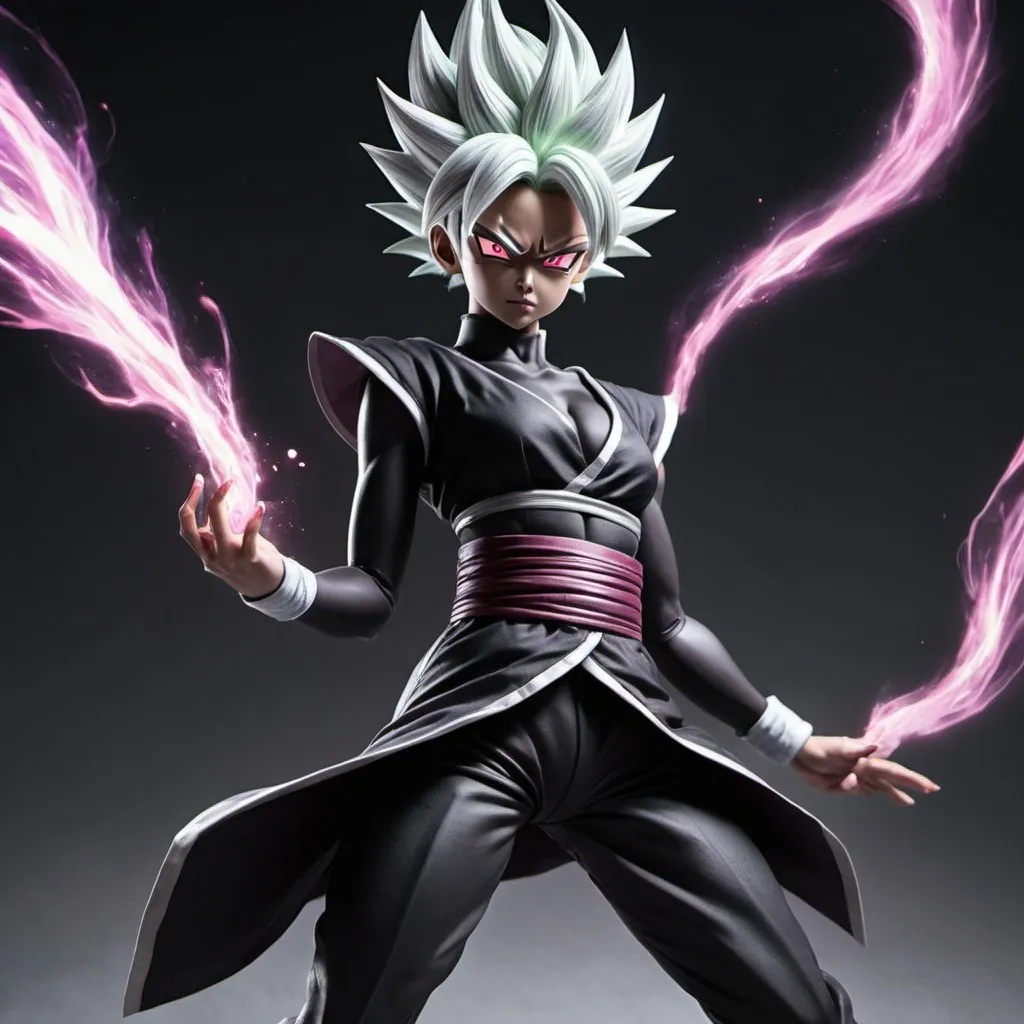 Prompt: Female version of Goku Black (Zamasu), beauty, legs visible, intricate, epic, detailed, sharp focus, realistic, professional, full body, high shoes
