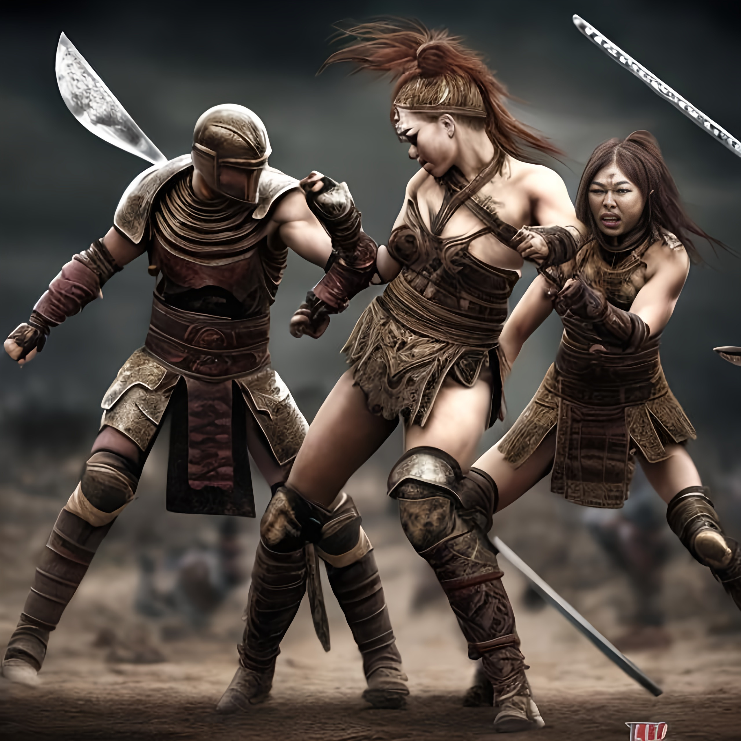 female warrior fighting another male warrior and the...