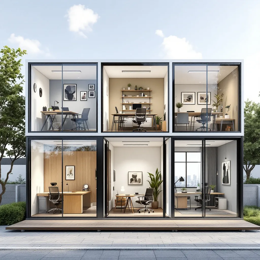 Prompt: The office plan includes 5 office rooms, each suitable for 2 people to work at the same time, and a management room with a secretary, a break room, and an independent service room, as well as a public restroom and a public toilet, and is designed on a plot of land measuring 20 meters by 20 meters.