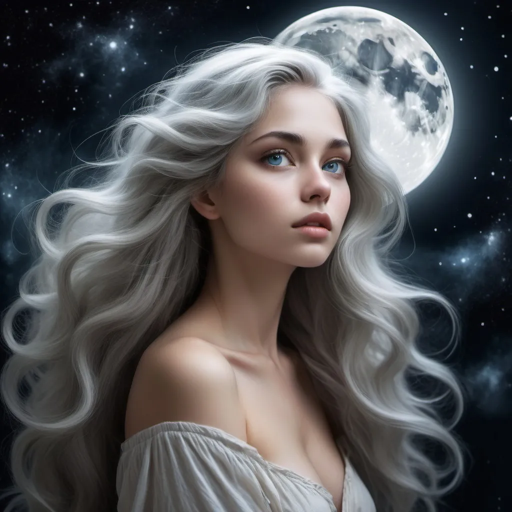 Prompt: If the Moon was a woman, a Goddess her hair is the same color as Earth moon and she is beautiful and her eyes are beautiful and the background is space. mystical, beautiful