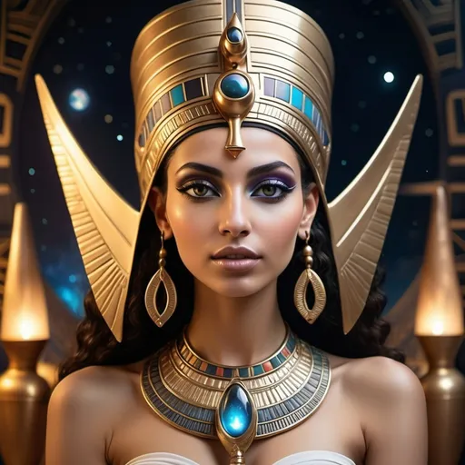 Prompt: Goddess looking Egyptian woman mystical amazing spaceships behind beautiful jewelry