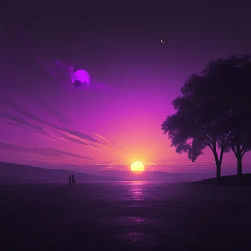 Prompt: how a sunset will look like if the sky was purple and the sun was black