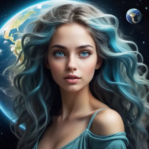 Prompt: If Earth Planet was a woman, a Goddess her hair is the same color as Earth Planet and she is beautiful and her eyes are beautiful and the background is space. mystical, beautiful