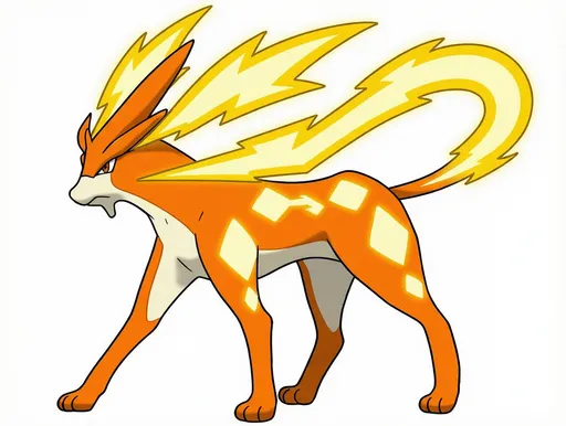 Prompt: Fuse this pokémon with suicune + mega raichu y. @image-1771095976349-0 Image1 @image-1771095976349-1 image2 Fuse. [Suicune with double mega raichu's tail. And ears,full orange skins,yellow electric checked colored.