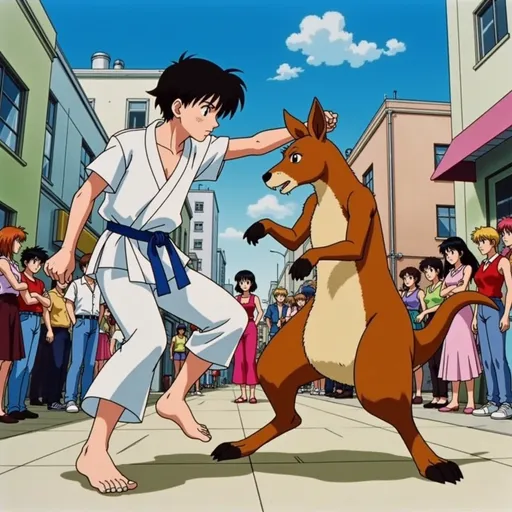 Prompt: Classic '90s Anime kangaroo fighting karate boy in the street that the people shocked.