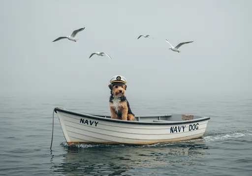 Prompt: In a photorealistic style, envision a charming little dog perched confidently atop a small, white boat, adorned with a snazzy captain's hat that sits slightly askew. The boat gently floats on a restless sea, where waves begin to swell with a frothy hint of whitecaps, compelling the scene to pulsate with energy. Above, the sky is shrouded in a soft, billowing fog, creating an air of mystery while diffusing the light in a muted palette that hints at impending adventure. Three seagulls gracefully soar overhead, their silhouettes stark against the fog, adding a sense of motion to the tranquil yet dynamic seascape. In bold lettering, the phrase "Navy Dog" is whimsically painted on the side of the boat, embodying both pride and playfulness in this delightful moment.
