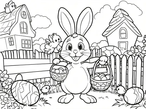 Prompt: Coloring page image. Easter rabbit is holding a basket in spring and the house near the fence. Chick's are in the top of the fence. 