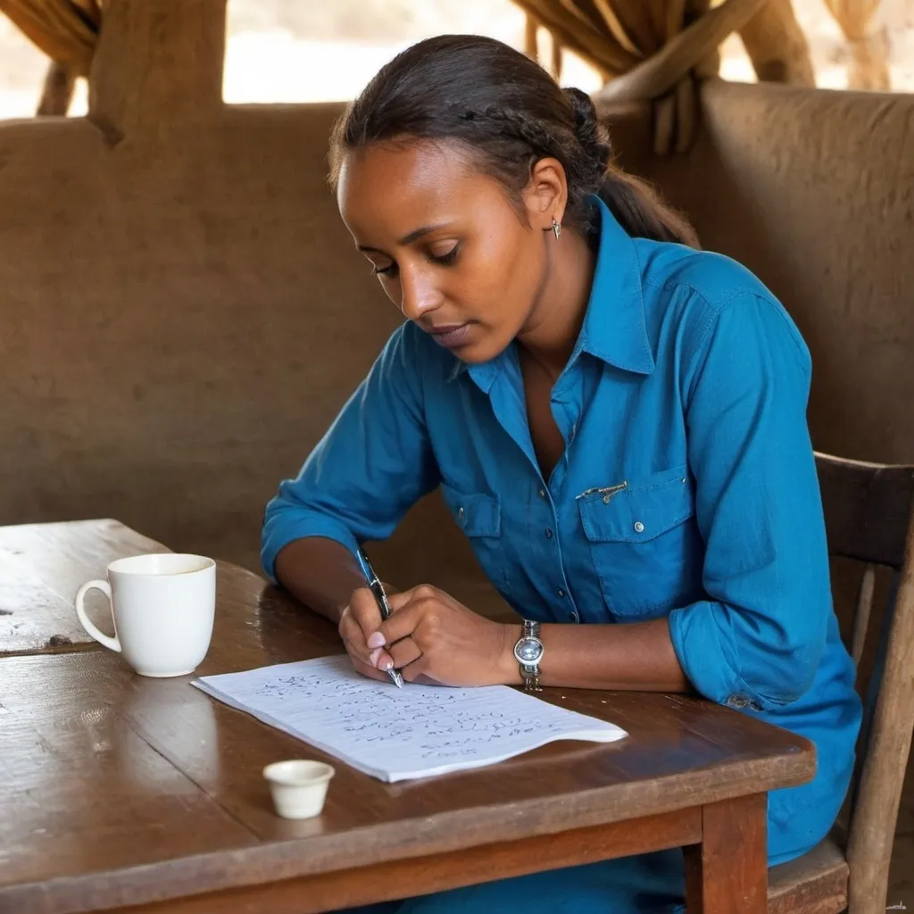 Prompt: She was wearing blue shirt and silver trout and writing on the table with a cup of coffee.ethiopian women
