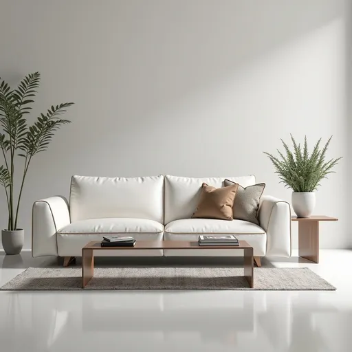 Prompt: Un juego de muebles septional tapizado en cuero blanco elegante moderno  una mesa de centro al frente  y una maceta con una pla ta a un lado el contorno anplio y mucho lujo
Hiper realista
