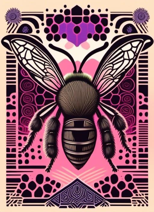 Prompt: a drawing of a bee with a pink background and a purp<mymodel>le background with a pattern of swirling shapes and a large bee, Dan Hillier, psychedelic art, psychedelic, poster art